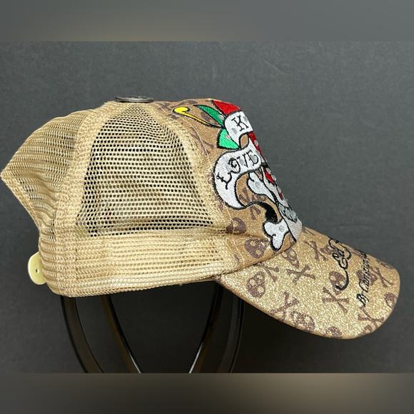 Ed Hardy Snapback Denim Hat Love Kills Slowly Skull & Heart Metallic Gold RARE - Picture 3 of 7